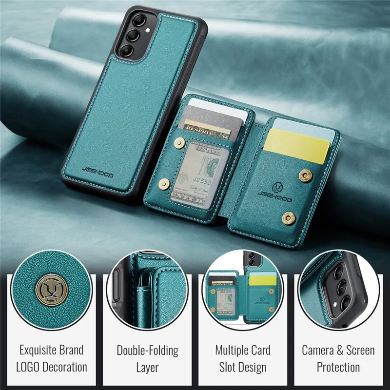 JEEHOOD J05 For Samsung Galaxy A14 4G / 5G Case Leather Mobile Cover with Detachable Magnetic Card Bag - Cyan