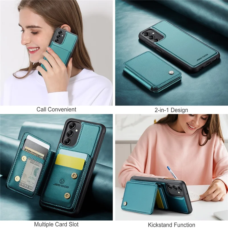 JEEHOOD J05 For Samsung Galaxy A14 4G / 5G Case Leather Mobile Cover with Detachable Magnetic Card Bag - Cyan