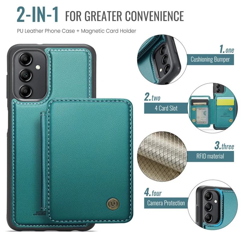 JEEHOOD J05 For Samsung Galaxy A14 4G / 5G Case Leather Mobile Cover with Detachable Magnetic Card Bag - Cyan
