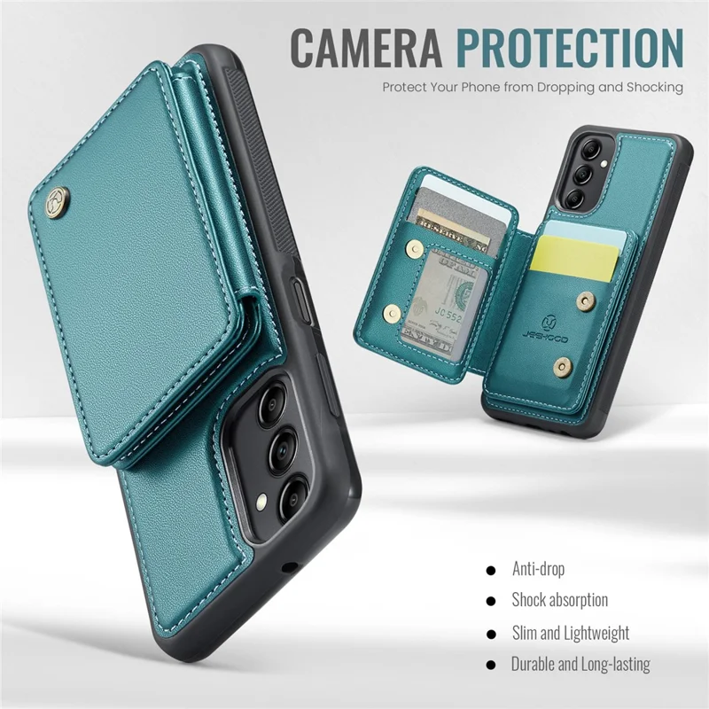 JEEHOOD J05 For Samsung Galaxy A14 4G / 5G Case Leather Mobile Cover with Detachable Magnetic Card Bag - Cyan