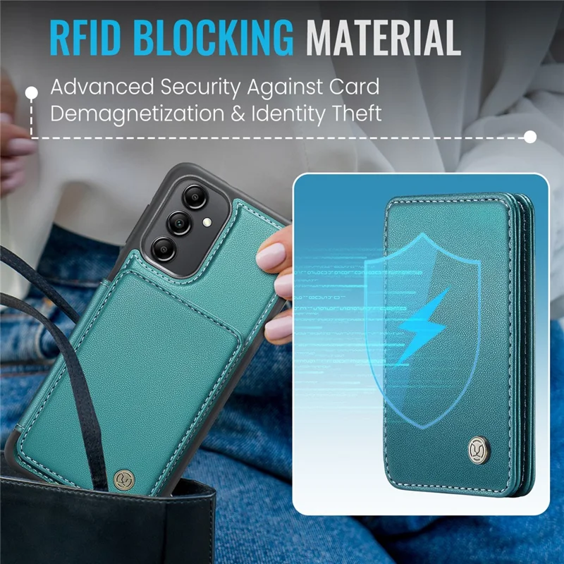 JEEHOOD J05 For Samsung Galaxy A14 4G / 5G Case Leather Mobile Cover with Detachable Magnetic Card Bag - Cyan