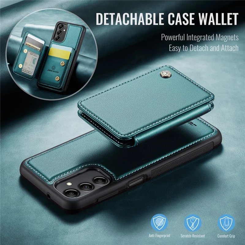 JEEHOOD J05 For Samsung Galaxy A14 4G / 5G Case Leather Mobile Cover with Detachable Magnetic Card Bag - Cyan