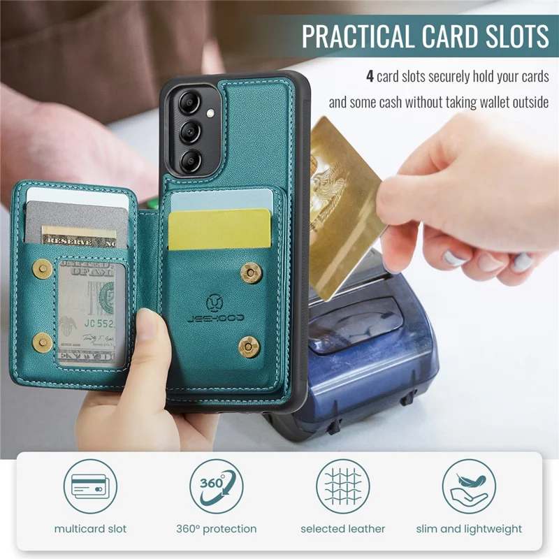 JEEHOOD J05 For Samsung Galaxy A14 4G / 5G Case Leather Mobile Cover with Detachable Magnetic Card Bag - Cyan