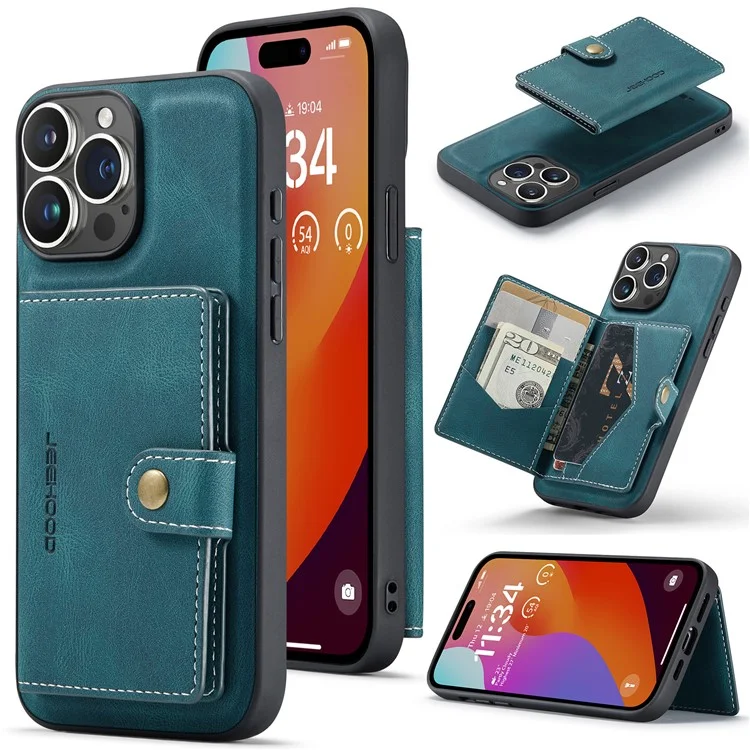 Jeehood J01 Para Iphone 16 Pro Max Case Retro Leather + TPU Tampa de Telefone Destacável Portador de Cartão Magnético - Azul