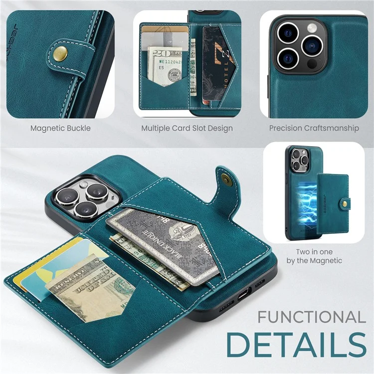 Jeehood J01 Para Iphone 16 Pro Max Case Retro Leather + TPU Tampa de Telefone Destacável Portador de Cartão Magnético - Azul
