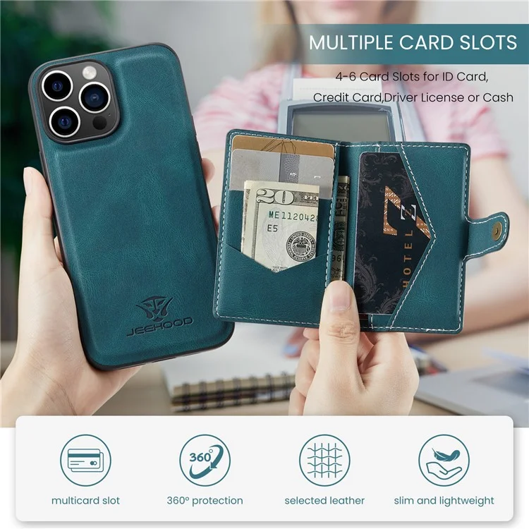 Jeehood J01 Para Iphone 16 Pro Max Case Retro Leather + TPU Tampa de Telefone Destacável Portador de Cartão Magnético - Azul