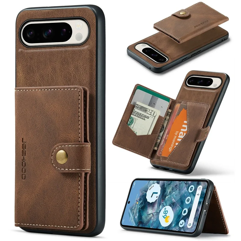 Jeehood J01 Para Google Pixel 9 Pro XL Case Retro Leather + TPU Tope Topicultura de Tarjeta Magnética Desmontable - Marrón