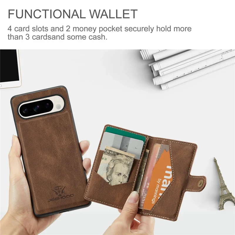 Jeehood J01 Para Google Pixel 9 Pro XL Case Retro Leather + TPU Tope Topicultura de Tarjeta Magnética Desmontable - Marrón