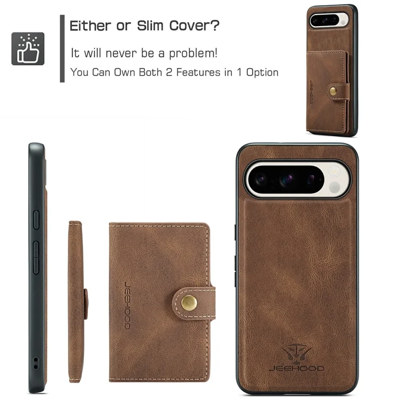 Jeehood J01 Para Google Pixel 9 Pro XL Case Retro Leather + TPU Tope Topicultura de Tarjeta Magnética Desmontable - Marrón