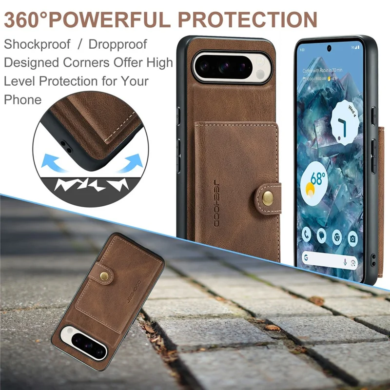 Jeehood J01 Para Google Pixel 9 Pro XL Case Retro Leather + TPU Tope Topicultura de Tarjeta Magnética Desmontable - Marrón