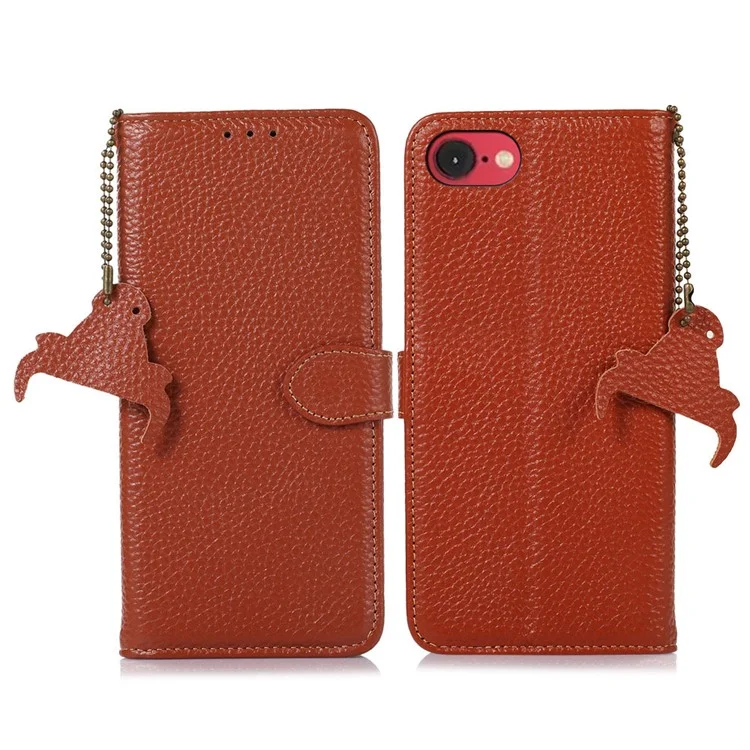 Pour Iphone SE (2024) Case RFID Bloquant la Texture Litchi Véritable Couverture de Téléphone en Cuir de Vache - Brun