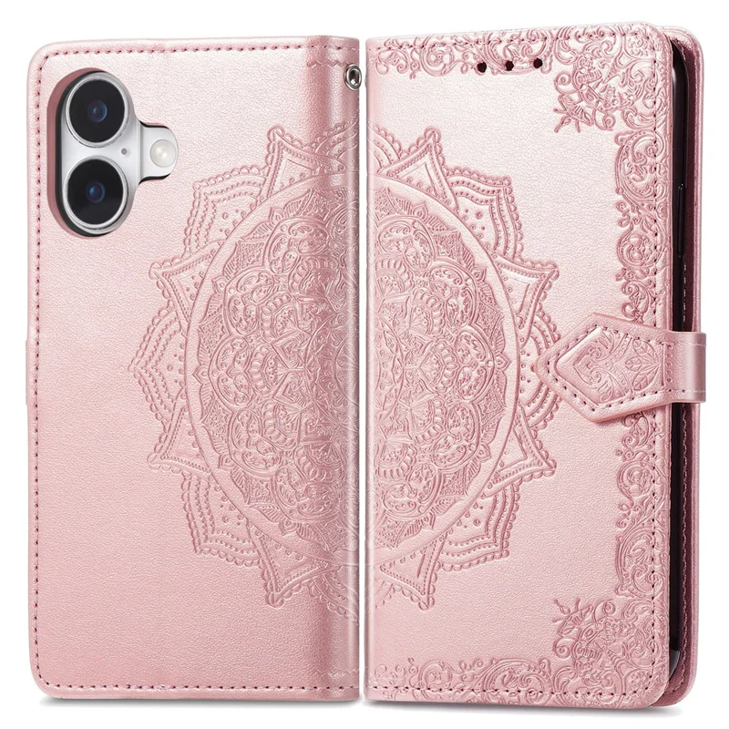 For iPhone 16 Plus Case Mandala Embossed Design Leather Wallet Phone Cover - Rose Gold