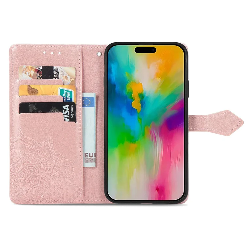 For iPhone 16 Plus Case Mandala Embossed Design Leather Wallet Phone Cover - Rose Gold