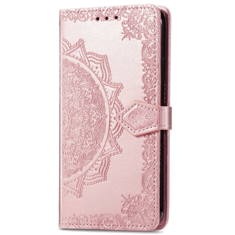For iPhone 16 Plus Case Mandala Embossed Design Leather Wallet Phone Cover - Rose Gold