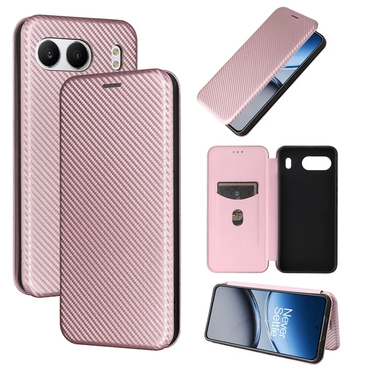 Per OnePlus Nord 4 Case Carbon Fiber Texture Drop-Proof PU Leather Phone Cover - Rose Gold