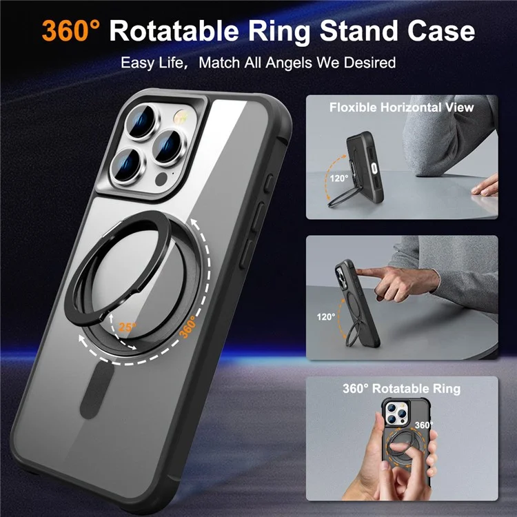 Pour Iphone 16 Pro Case Compatible Avec Magsafe Rotalt Ring Kickstand Tpu + pc Téléphone Couverture - Noir