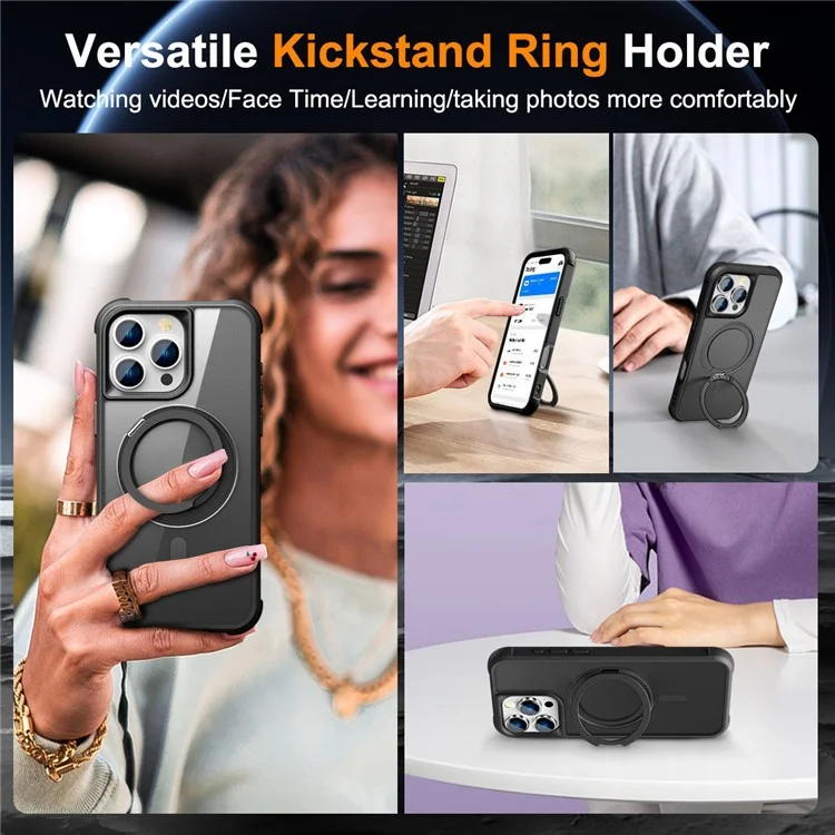 Pour Iphone 16 Pro Case Compatible Avec Magsafe Rotalt Ring Kickstand Tpu + pc Téléphone Couverture - Noir
