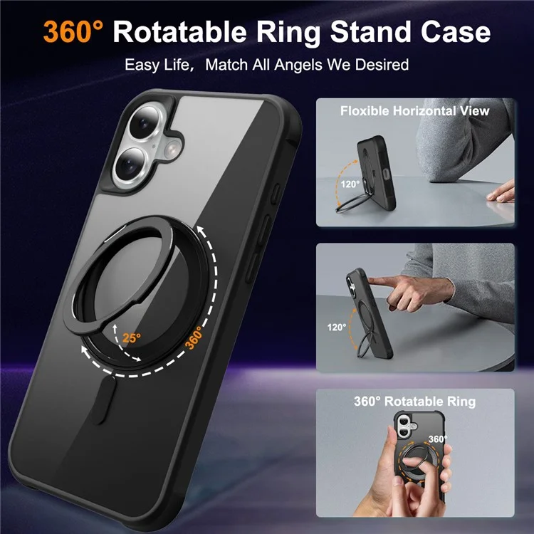 Per Iphone 16 Case Compatibile Con MagSafe Ring Ring Kickstand TPU+PC Cover Del Telefono pc - Nero