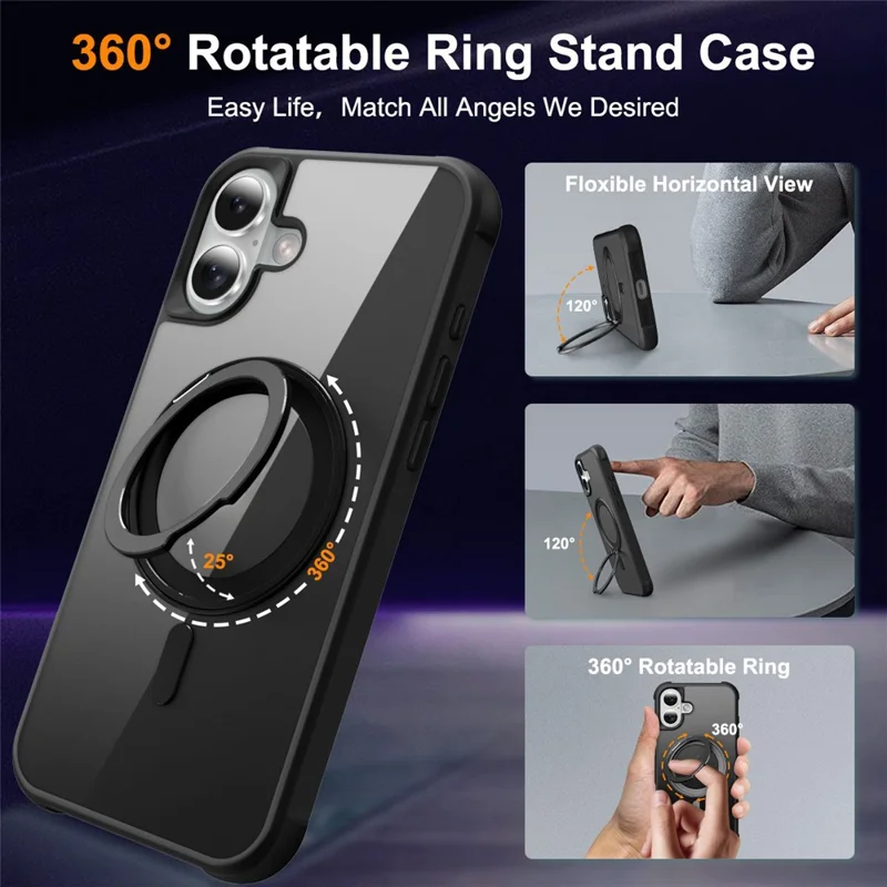 Pour Iphone 16 Plus Case Compatible Avec Magsafe Rotalt Ring Kickstand Tpu + pc Téléphone Couverture - Noir