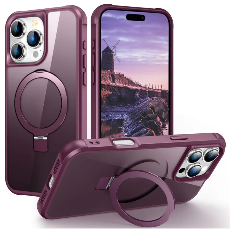 For iPhone 16 Pro Max Case Compatible with MagSafe Ring Holder Kickstand TPU+PC Phone Cover - Wine Red