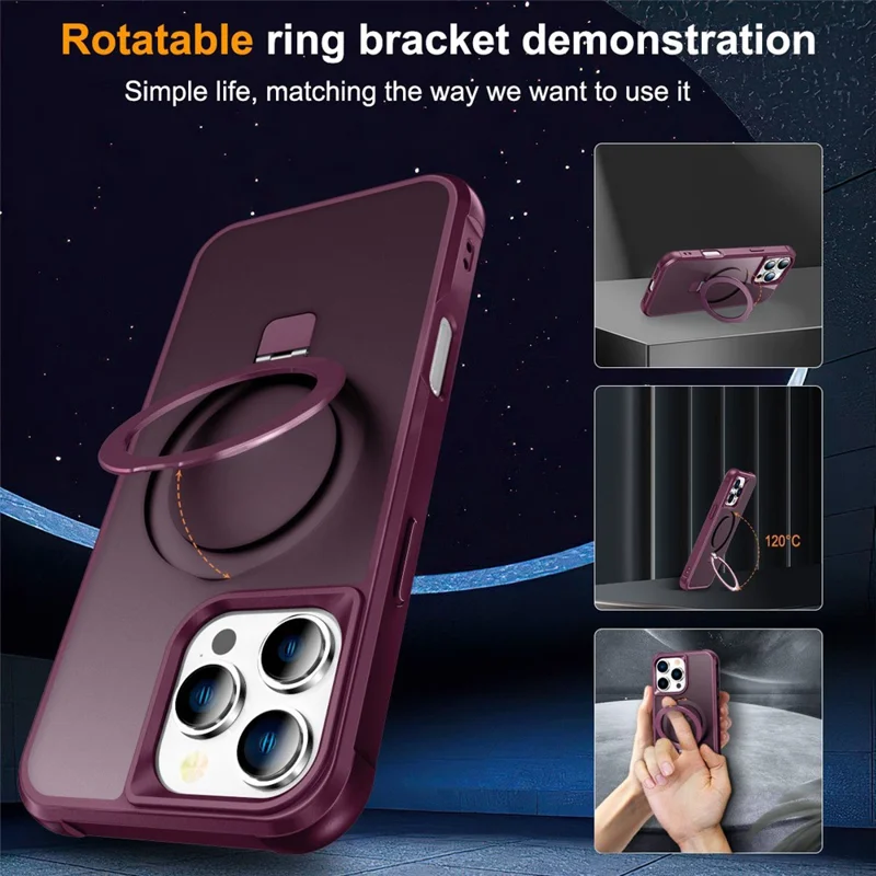 For iPhone 16 Pro Max Case Compatible with MagSafe Ring Holder Kickstand TPU+PC Phone Cover - Wine Red