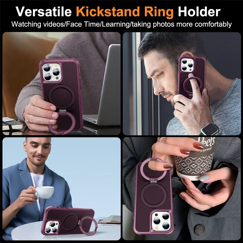 For iPhone 16 Pro Max Case Compatible with MagSafe Ring Holder Kickstand TPU+PC Phone Cover - Wine Red