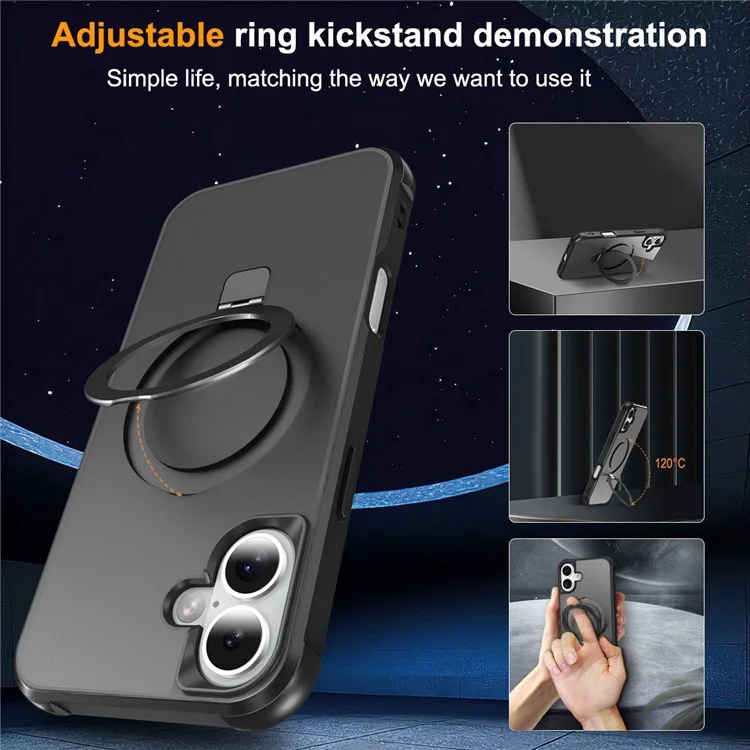 Pour L'iphone 16 Compatible Avec Magsafe Ring Holder Kickstand Tpu + pc Téléphone Couverture - Noir
