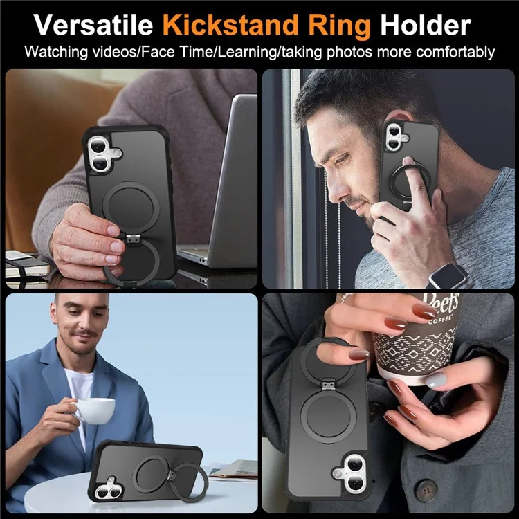 Pour L'iphone 16 Compatible Avec Magsafe Ring Holder Kickstand Tpu + pc Téléphone Couverture - Noir