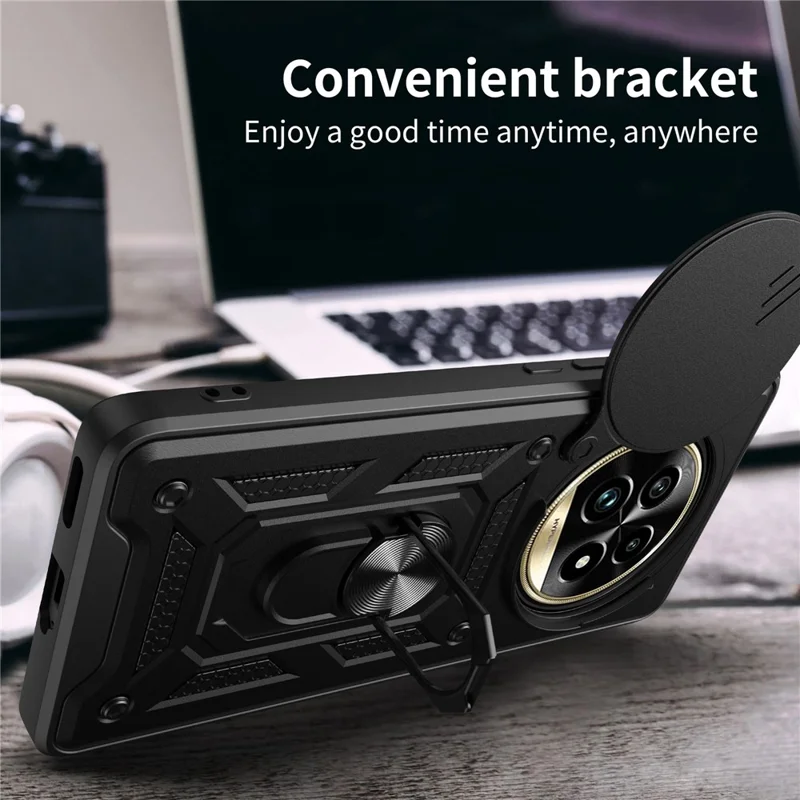 For Realme 13 Pro 5G (Global) / 13 Pro+ 5G (Global) Case with Slide Camera Lid PC+TPU Kickstand Phone Cover - Black