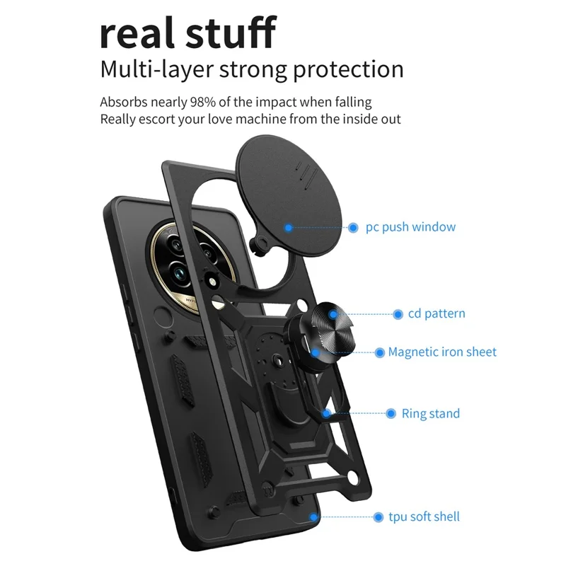 For Realme 13 Pro 5G (Global) / 13 Pro+ 5G (Global) Case with Slide Camera Lid PC+TPU Kickstand Phone Cover - Black