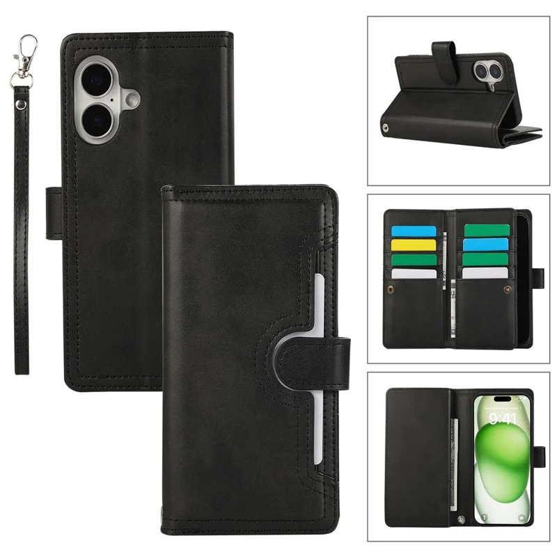 For iPhone 16 Case Split Leather Magnetic Wallet Phone Protector with Wrist Strap - Black