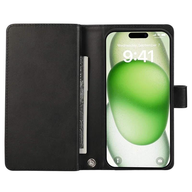 For iPhone 16 Case Split Leather Magnetic Wallet Phone Protector with Wrist Strap - Black