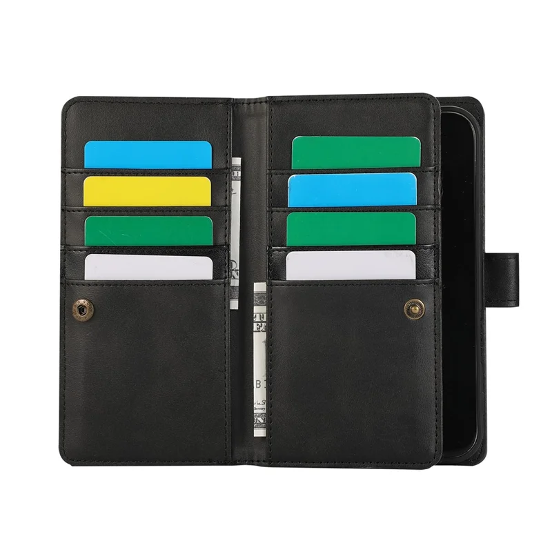 For iPhone 16 Case Split Leather Magnetic Wallet Phone Protector with Wrist Strap - Black