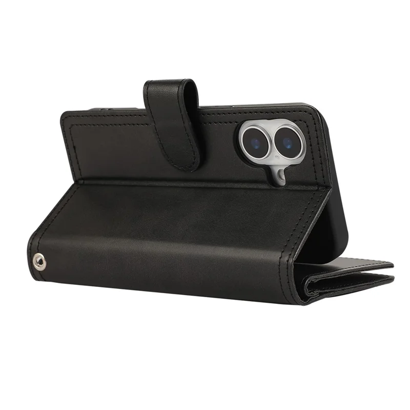 For iPhone 16 Case Split Leather Magnetic Wallet Phone Protector with Wrist Strap - Black