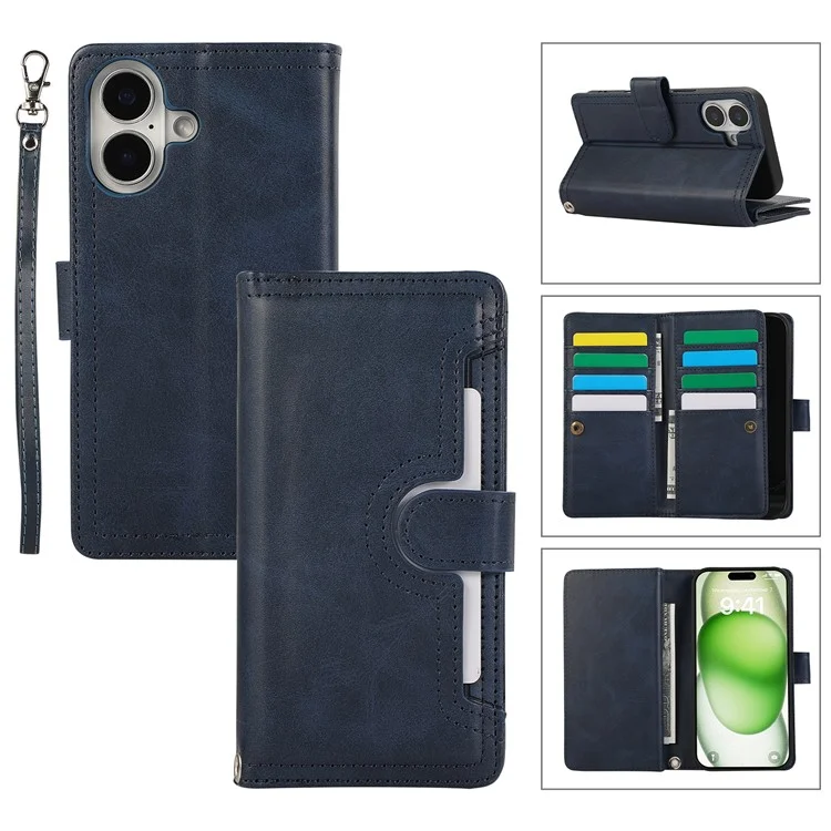For iPhone 16 Case Split Leather Magnetic Wallet Phone Protector with Wrist Strap - Blue