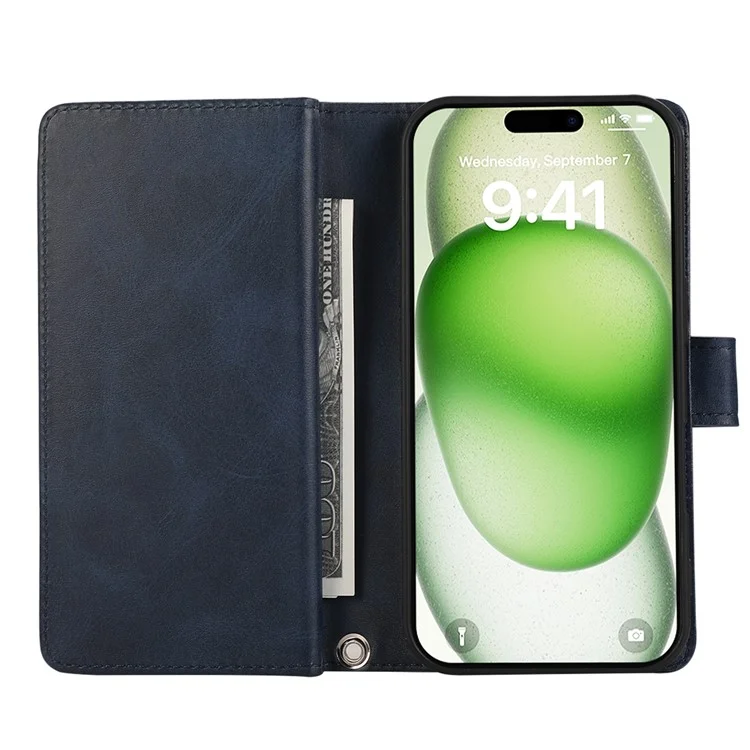 For iPhone 16 Case Split Leather Magnetic Wallet Phone Protector with Wrist Strap - Blue