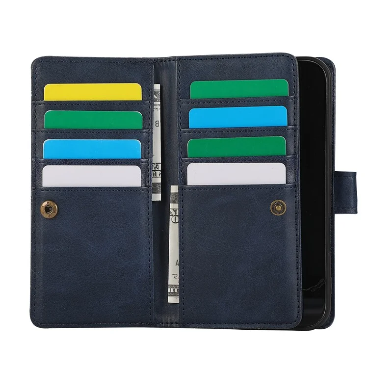 For iPhone 16 Case Split Leather Magnetic Wallet Phone Protector with Wrist Strap - Blue