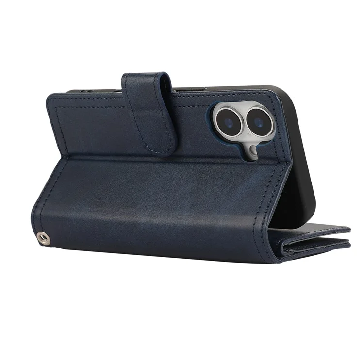 For iPhone 16 Case Split Leather Magnetic Wallet Phone Protector with Wrist Strap - Blue
