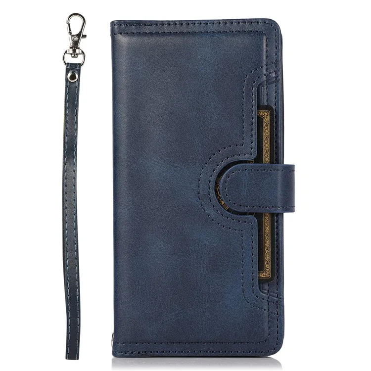 For iPhone 16 Case Split Leather Magnetic Wallet Phone Protector with Wrist Strap - Blue