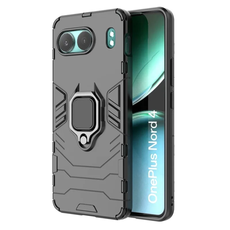For OnePlus Nord 4 Case PC+TPU Protective Phone Cover with Ring Kickstand - Black