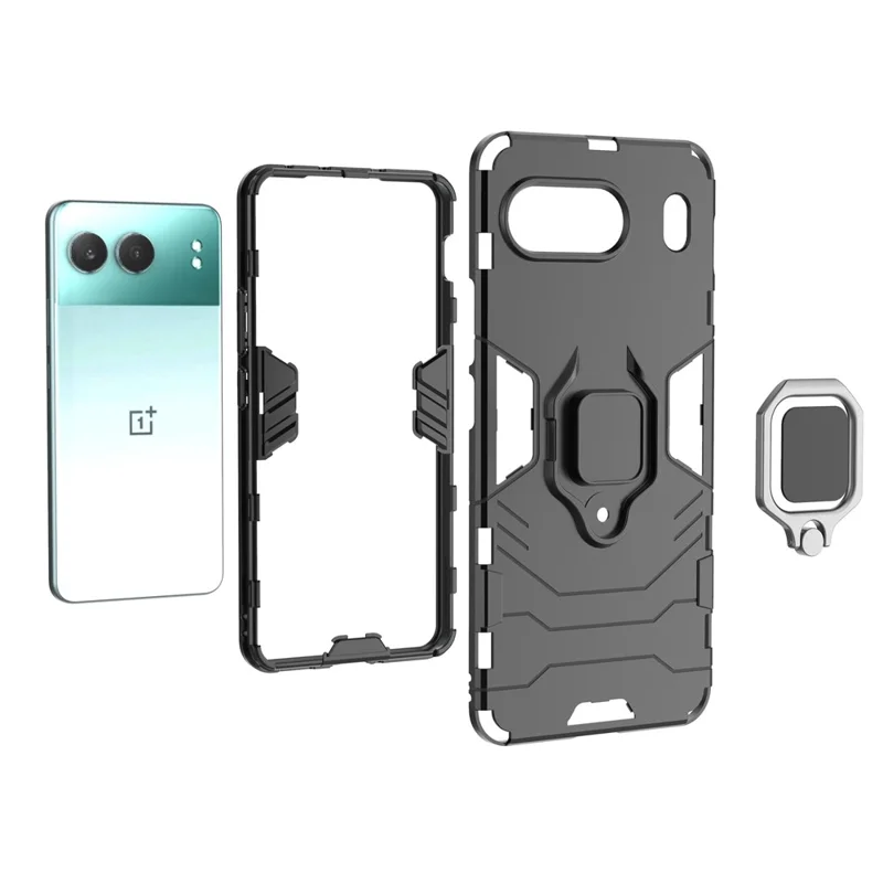 For OnePlus Nord 4 Case PC+TPU Protective Phone Cover with Ring Kickstand - Black