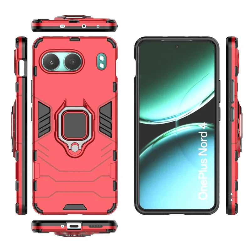 For OnePlus Nord 4 Case PC+TPU Protective Phone Cover with Ring Kickstand - Red