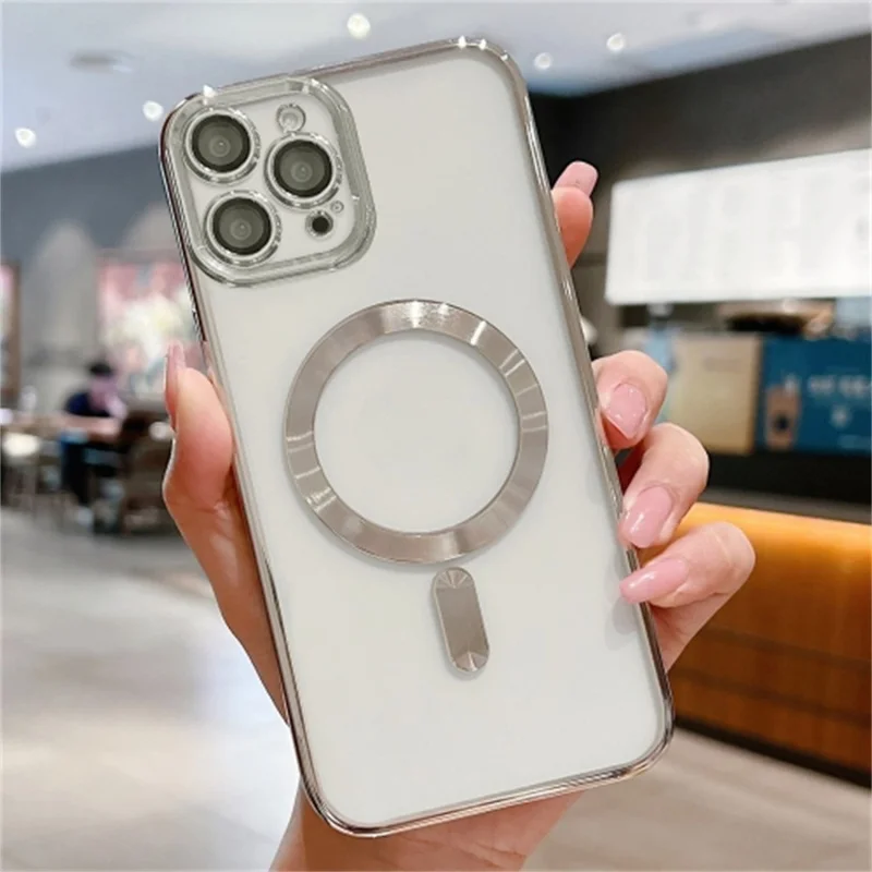 For iPhone 16 Pro Case Electroplating TPU Telefoonhoes Compatibel met MagSafe - Zilver