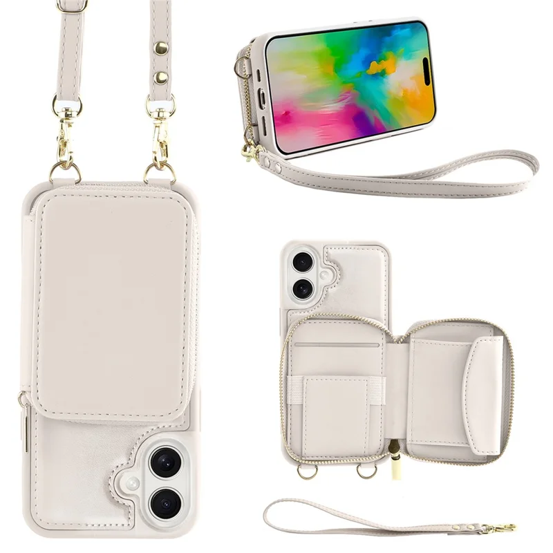For iPhone 16 Case RFID Blocking Zipper Wallet Leather Phone Cover with Straps - White
