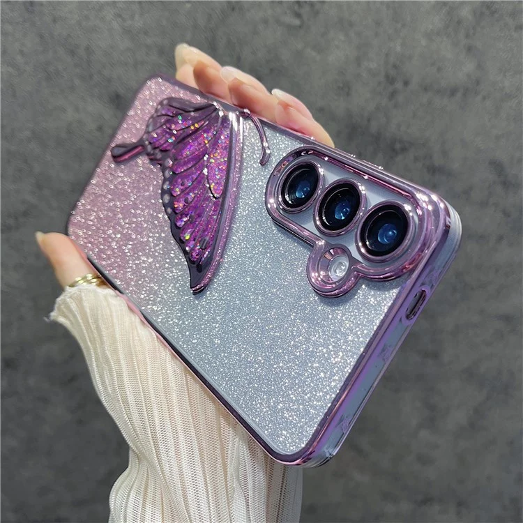 For Samsung Galaxy S24+ Case Quicksand Butterfly TPU Phone Cover with Glass Lens Film - Pink