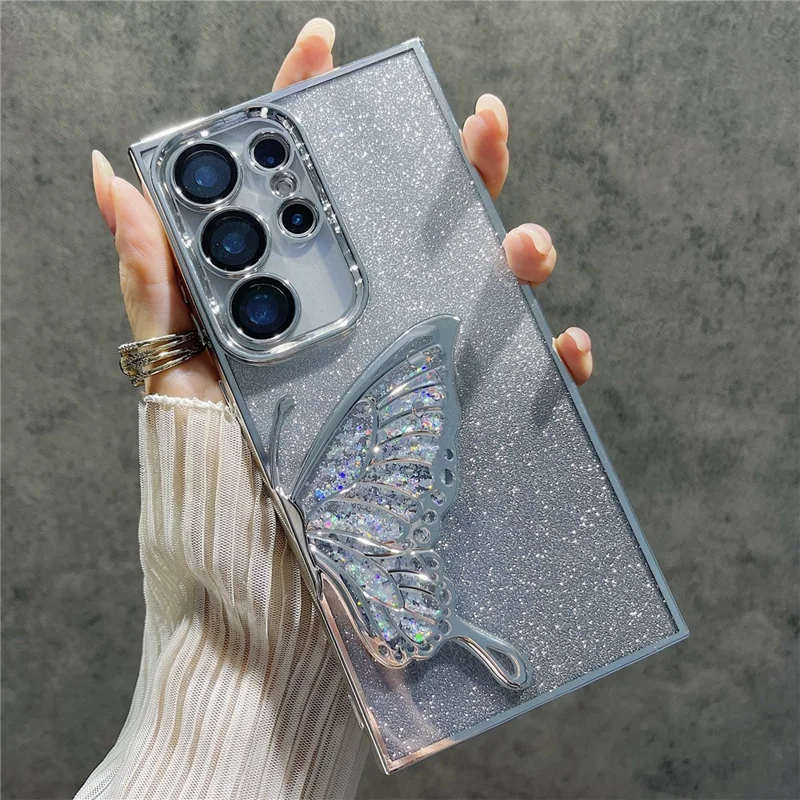 Pour Samsung Galaxy S24 Ultra Case Sands Sand Butterfly TPU Téléphone Couverture Avec Film de L'objectif en Verre - Argent