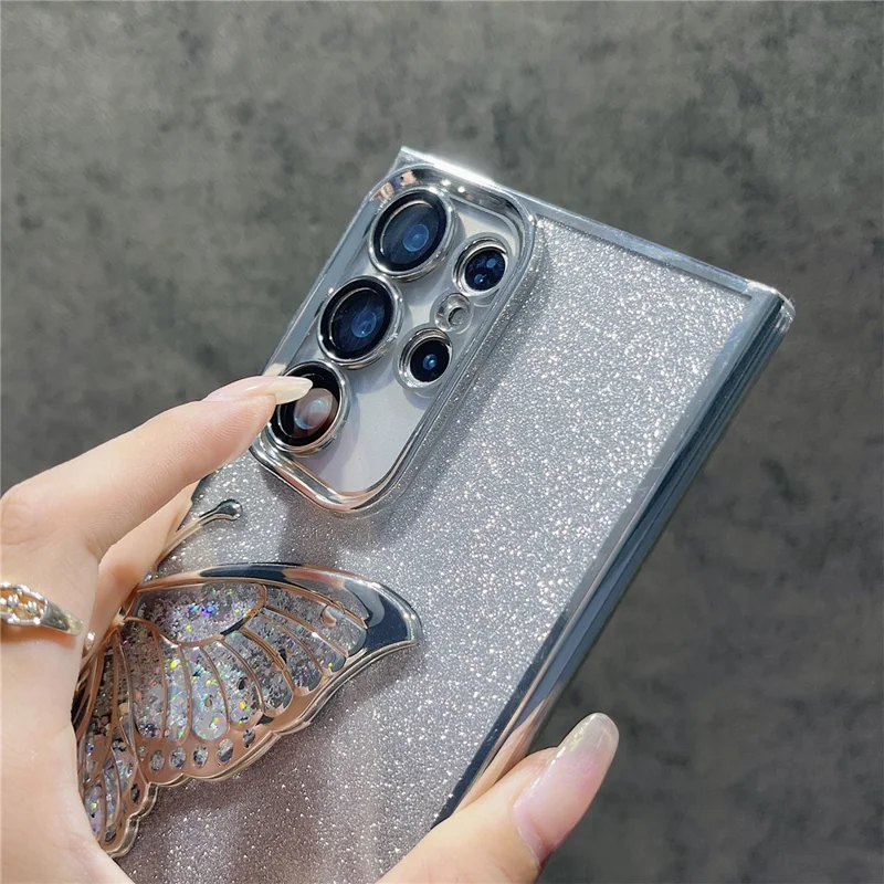 Pour Samsung Galaxy S24 Ultra Case Sands Sand Butterfly TPU Téléphone Couverture Avec Film de L'objectif en Verre - Argent