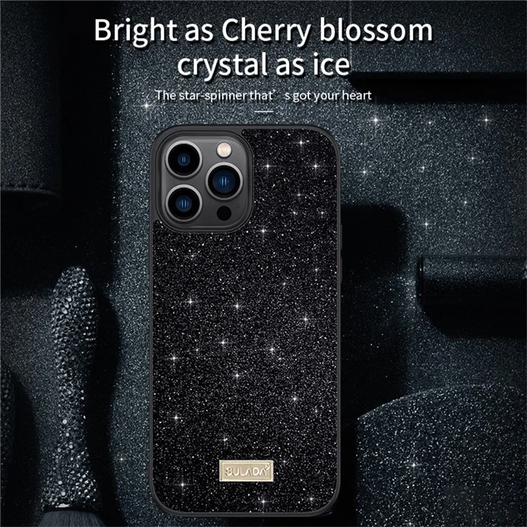 SULADA For iPhone 16 Pro Case PU Leather+PC+TPU Glitter Sequins Back Phone Cover - Black