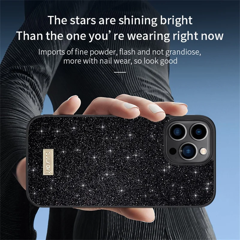 SULADA For iPhone 16 Pro Max Case PU Leather+PC+TPU Glitter Sequins Back Phone Cover - Black