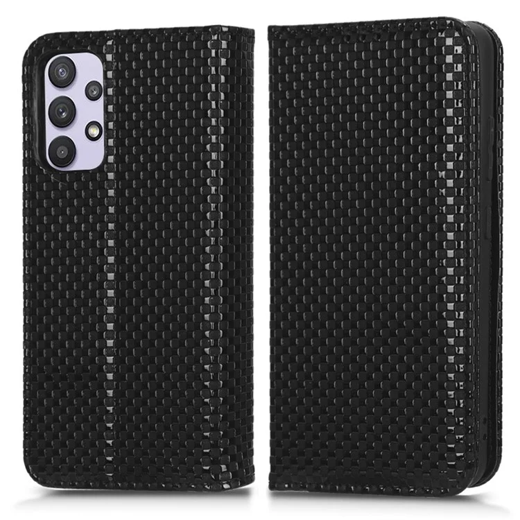 Per Samsung Galaxy A32 4G (versione Ue) Griglia Copertura Completa Copertina in Pelle PU Case Magnetico Auto-abborsorbed Phone Wallet Cover - Nero